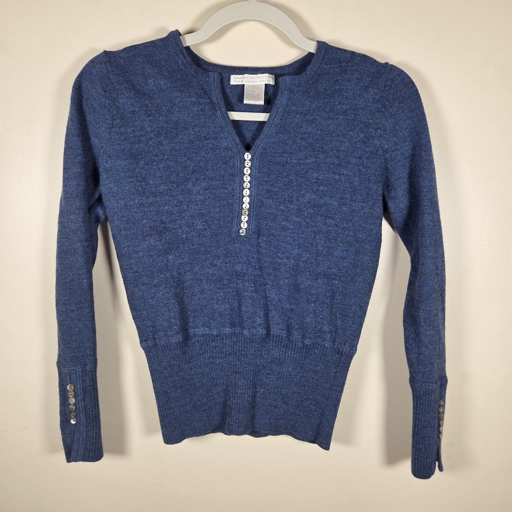 Sarah Spencer Sweater Womens Small Blue Merino Wool Henley Cuffs Classic Preppy